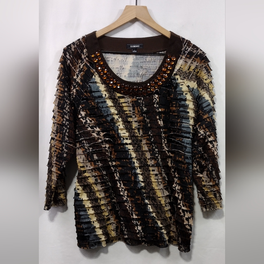 Elements Artsy Tiered 3/4 Sleeve Top Women's L Multicolor Artsy Retro Boho 90s